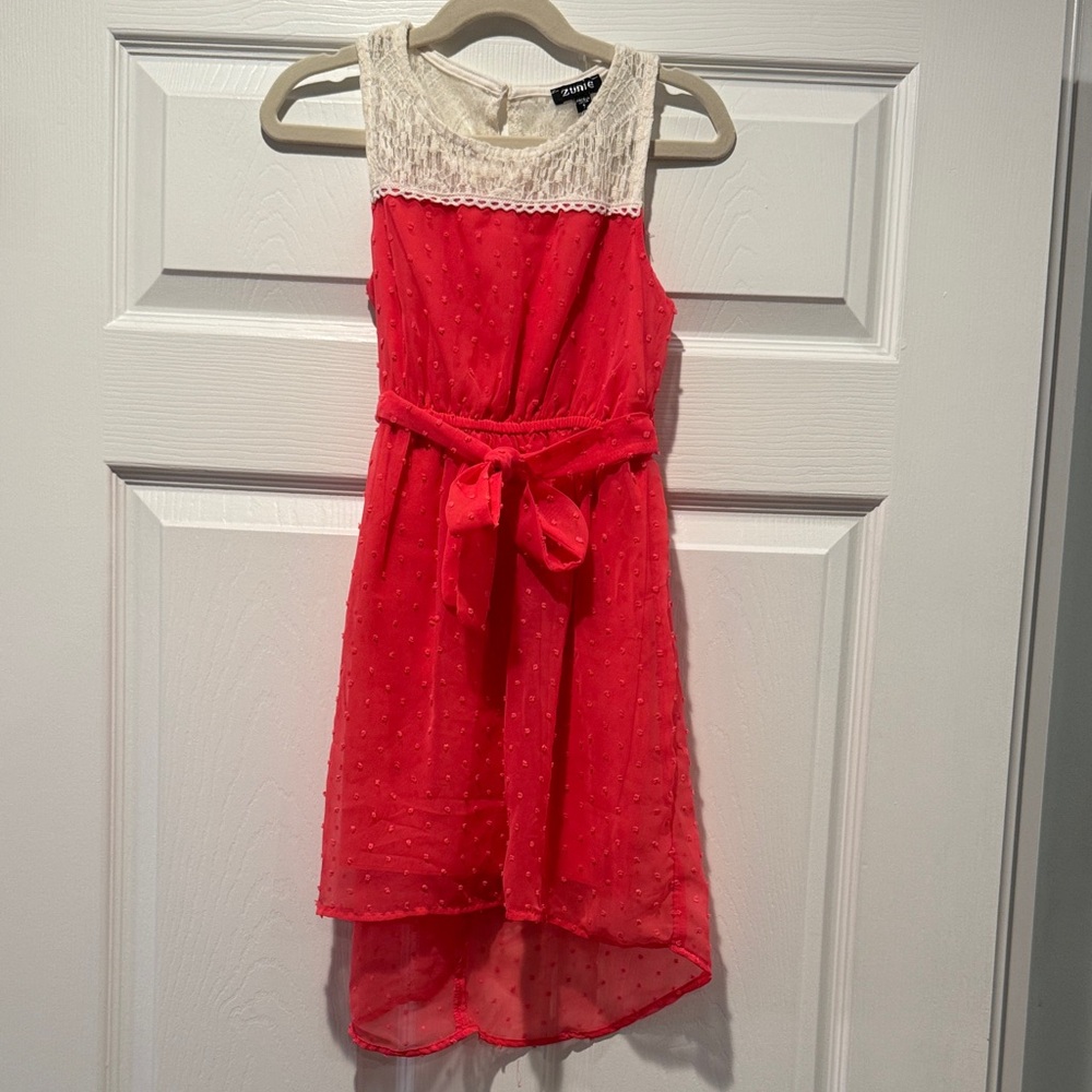 Zunie Coral and Cream Lace Yoke High-Low Party Dress